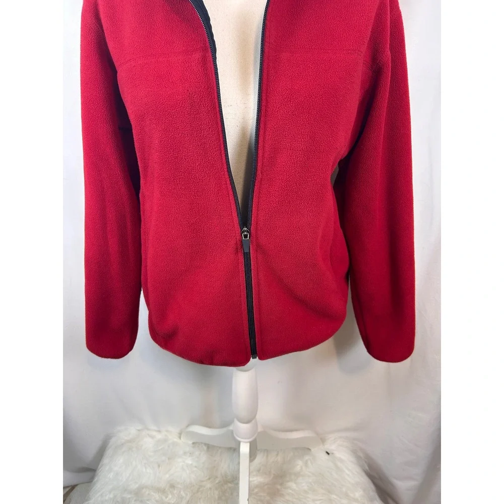 Lands End Womens Red Fleece Full Zip Jacket Navy‎ Blue Neck Outdoor Layering S